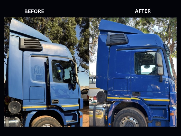 Before and after paint restoration on a blue truck